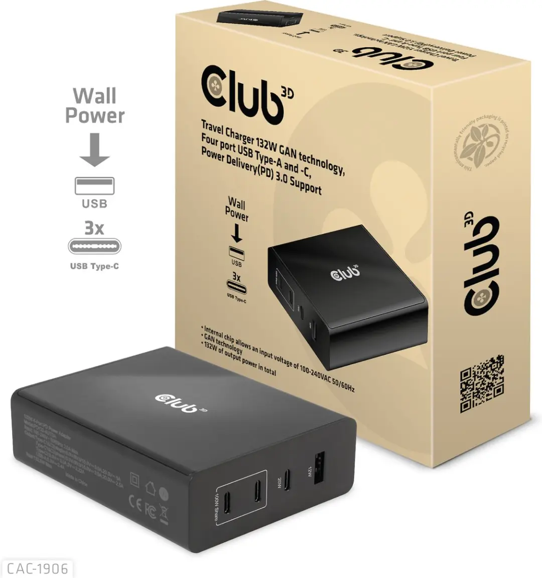 Club3D Travel Charger 132W - 4x USB (A+C) PD 3.0 - Zwart