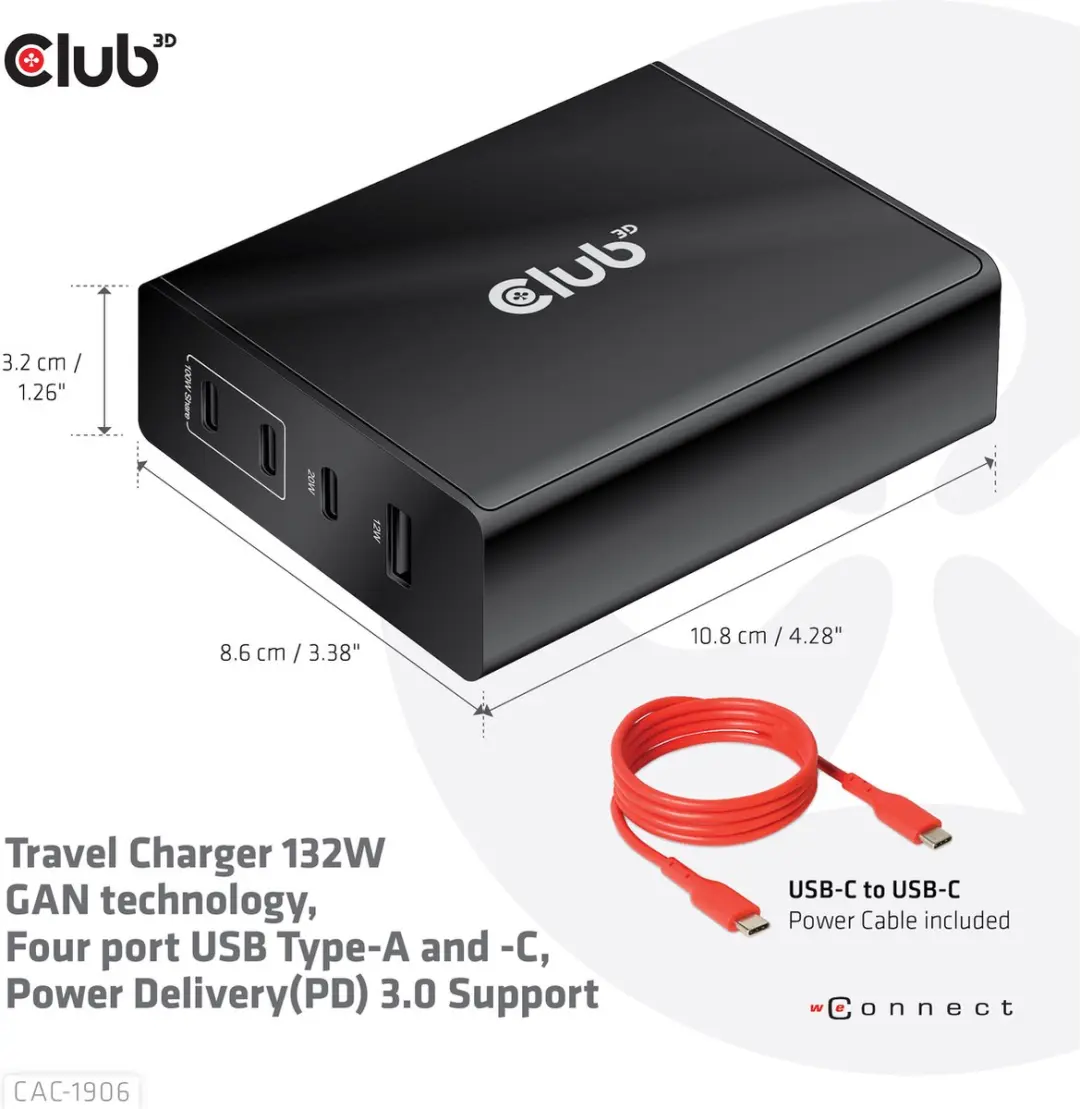 Club3D Travel Charger 132W - 4x USB (A+C) PD 3.0 - Zwart