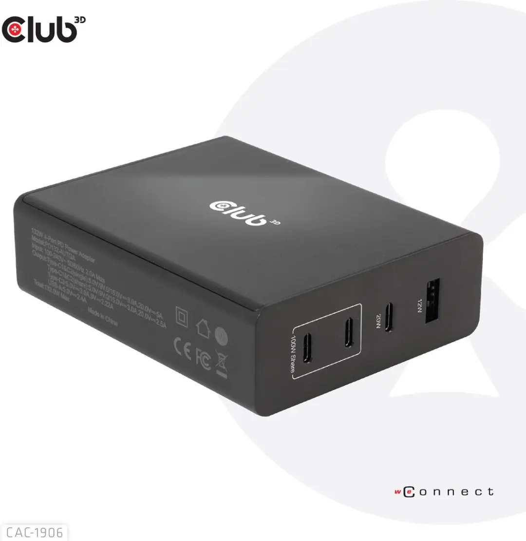 Club3D Travel Charger 132W - 4x USB (A+C) PD 3.0 - Zwart - afbeelding 6 van 6
