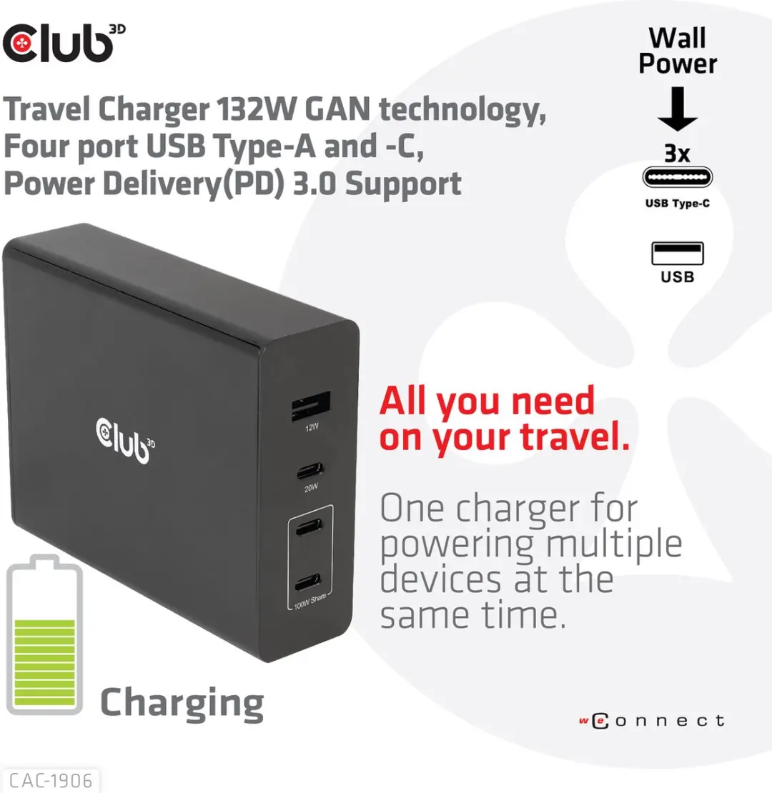 Club3D Travel Charger 132W - 4x USB (A+C) PD 3.0 - Zwart