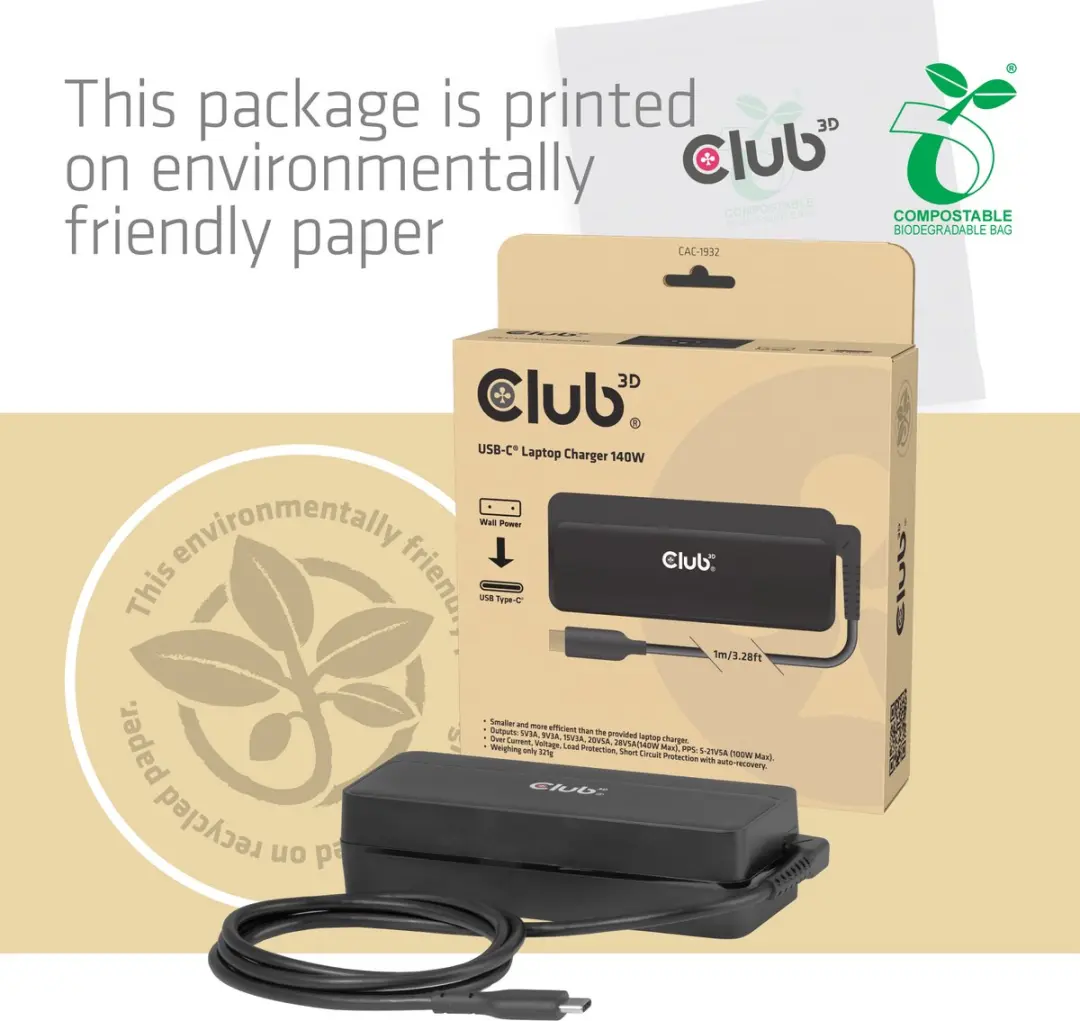 Club3D CAC-1932 USB-C Oplader 140W - 1m - Zwart