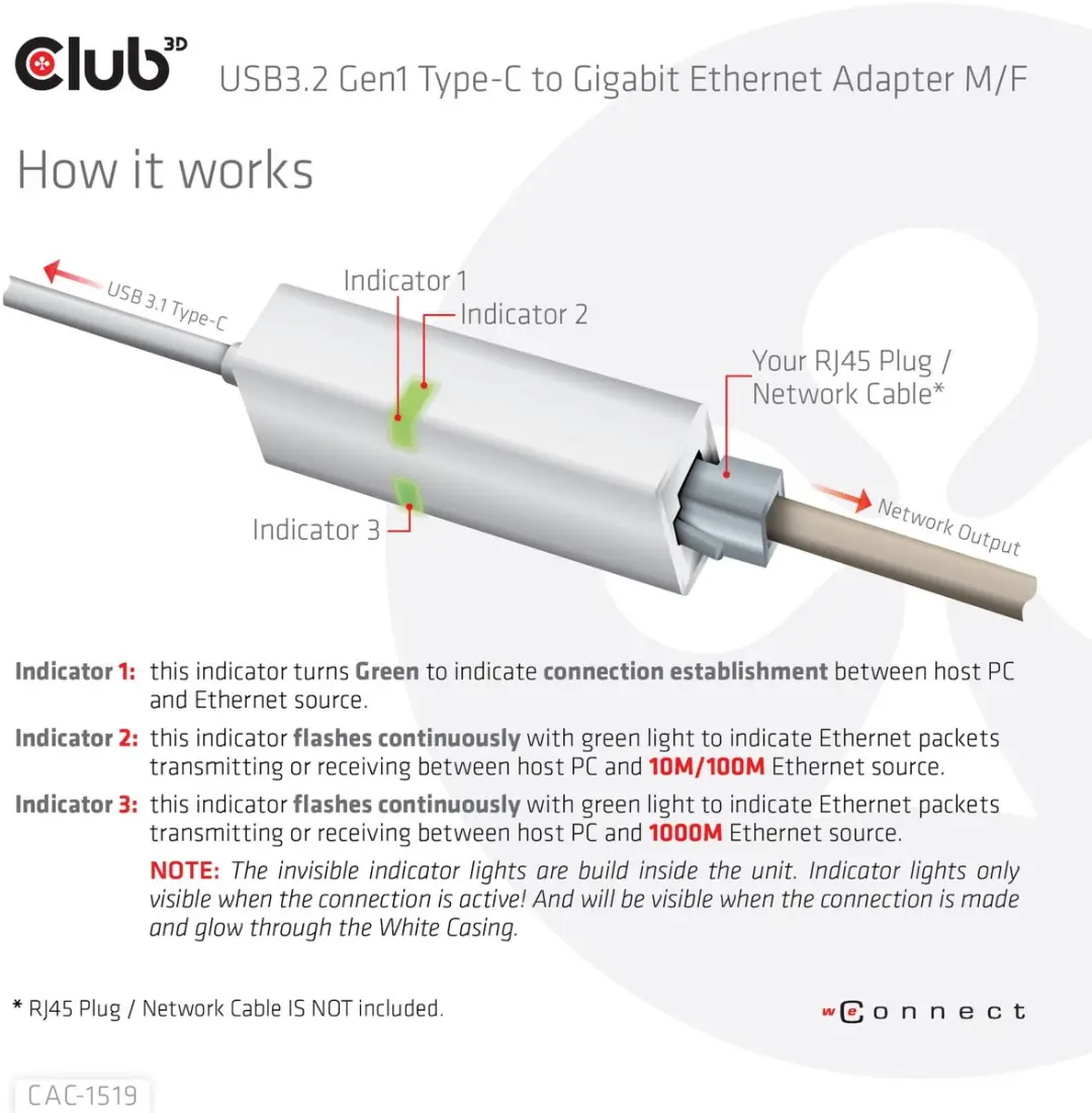 Club3D CAC-1519 USB-C naar 1Gb Ethernet Adapter - Wit