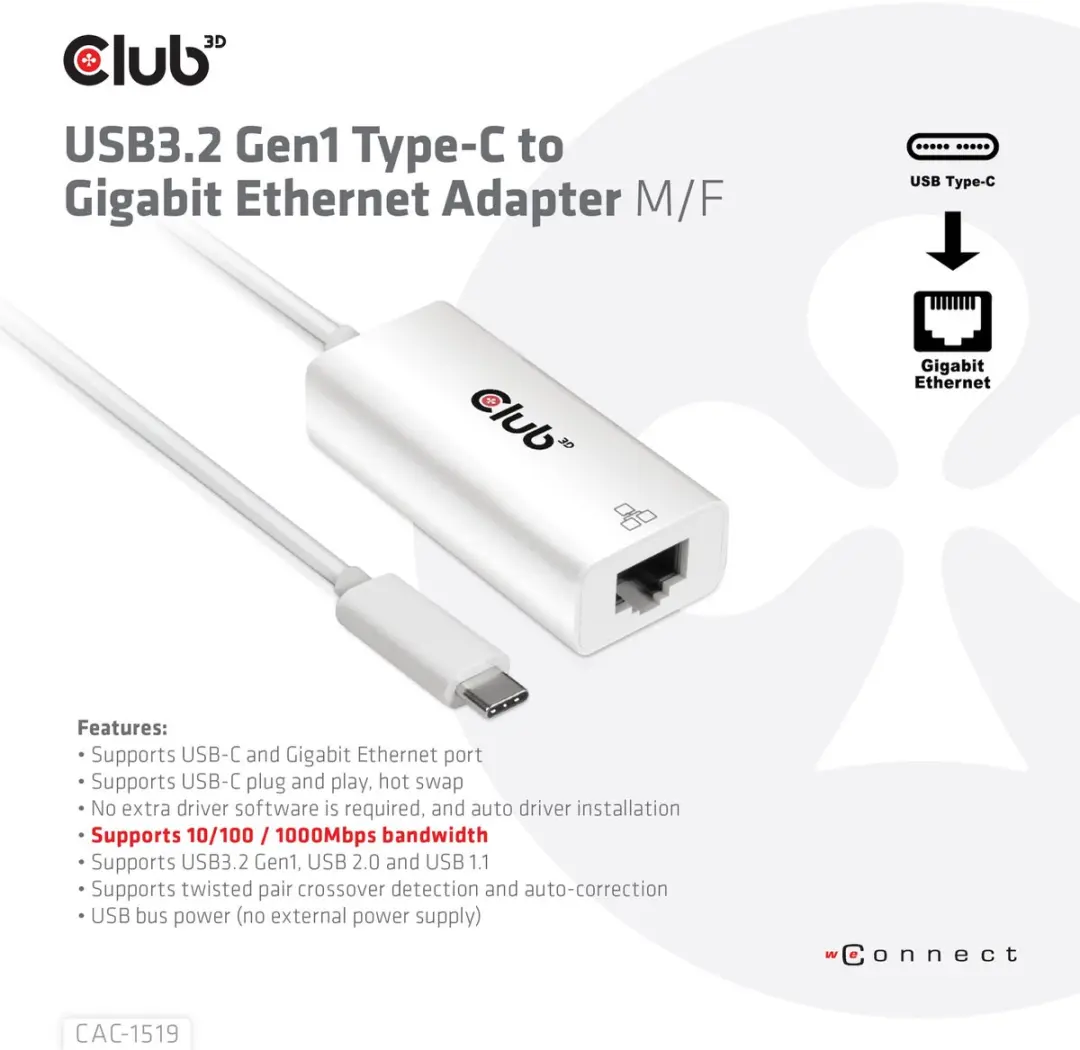 Club3D CAC-1519 USB-C naar 1Gb Ethernet Adapter - Wit