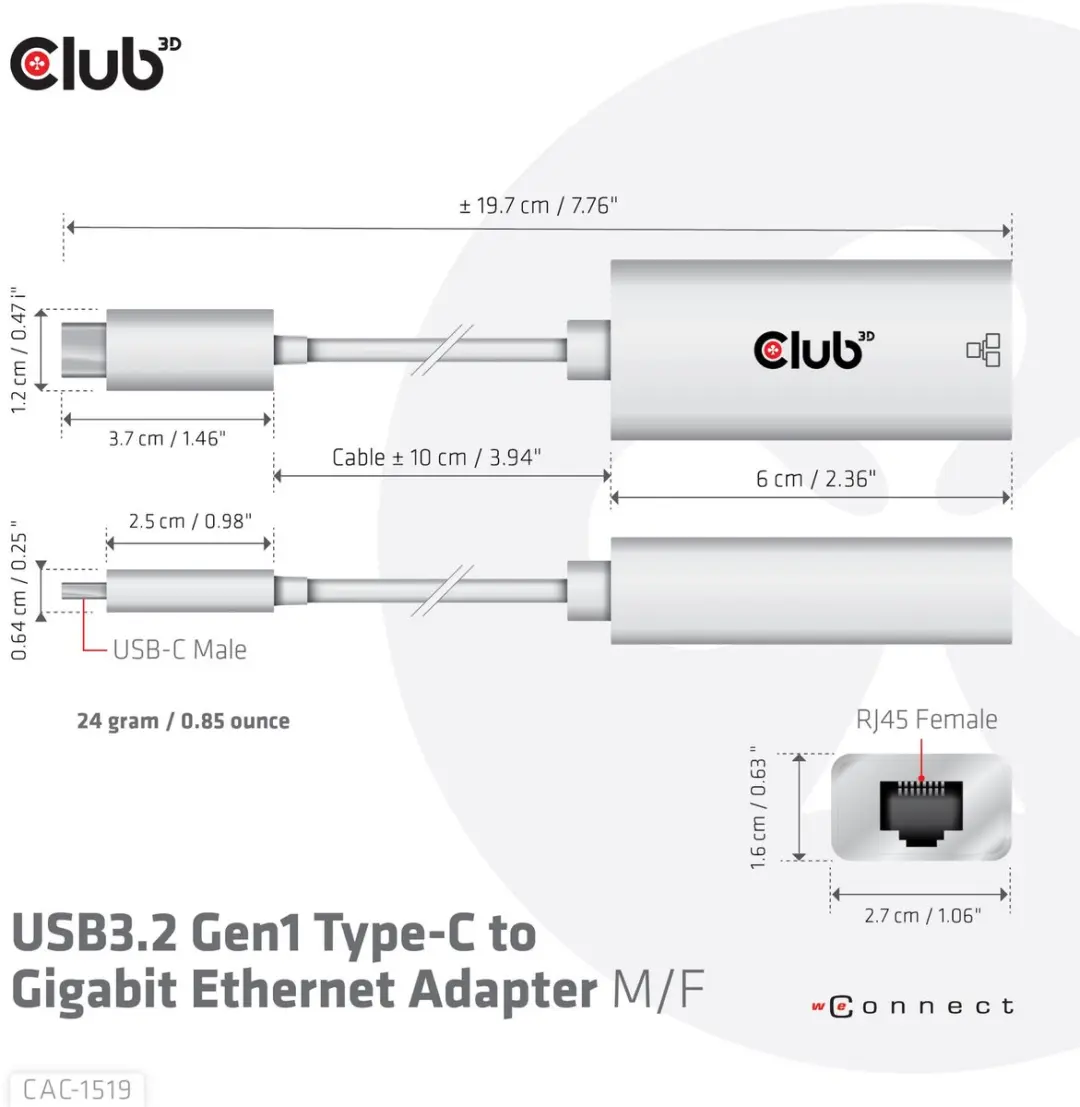 Club3D CAC-1519 USB-C naar 1Gb Ethernet Adapter - Wit