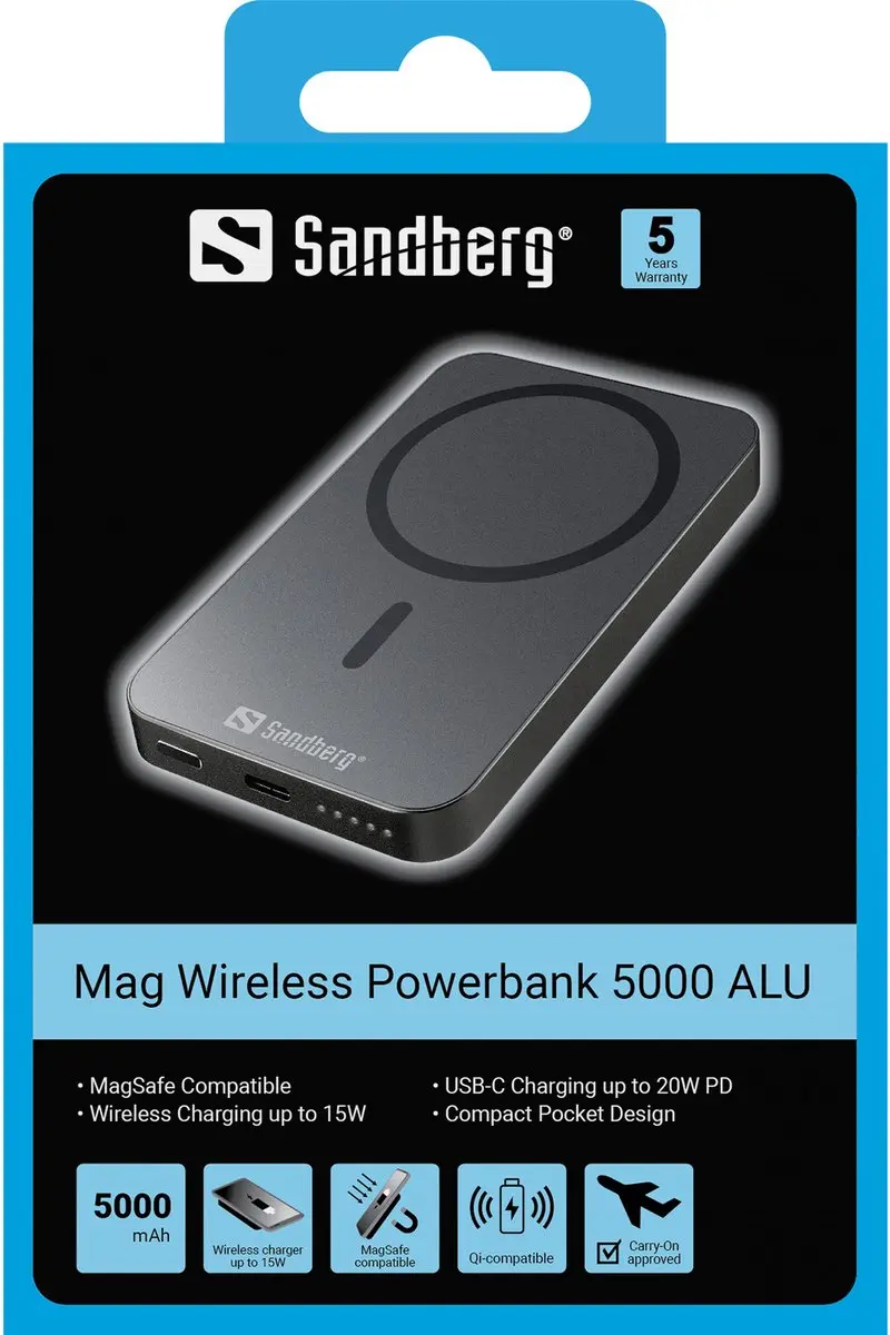 Sandberg Magnet Wireless Powerbank 5000 ALU 20W - Zwart
