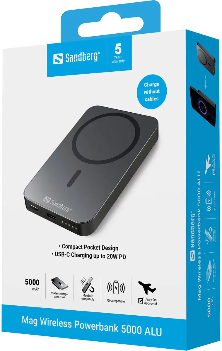 Sandberg Magnet Wireless Powerbank 5000 ALU 20W - Zwart