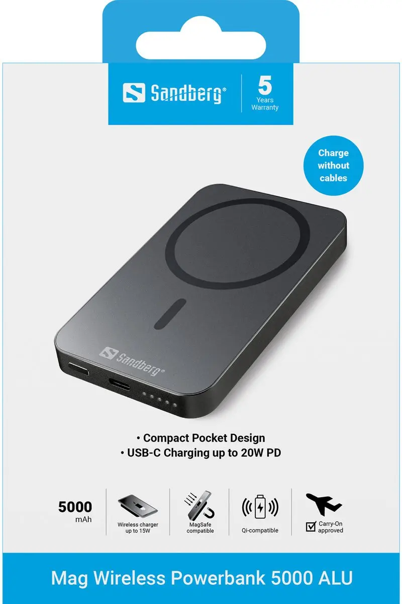 Sandberg Magnet Wireless Powerbank 5000 ALU 20W - Zwart - afbeelding 6 van 6