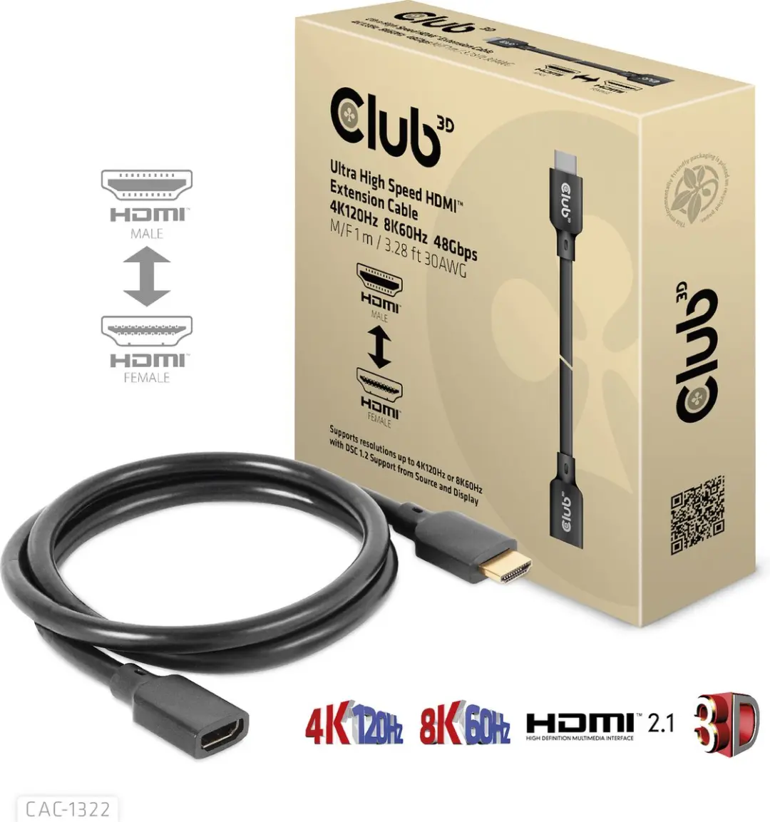 Club3D Ultra High Speed HDMI Kabel 4K120Hz 8K60Hz 48Gbps M/F 1m - Zwart