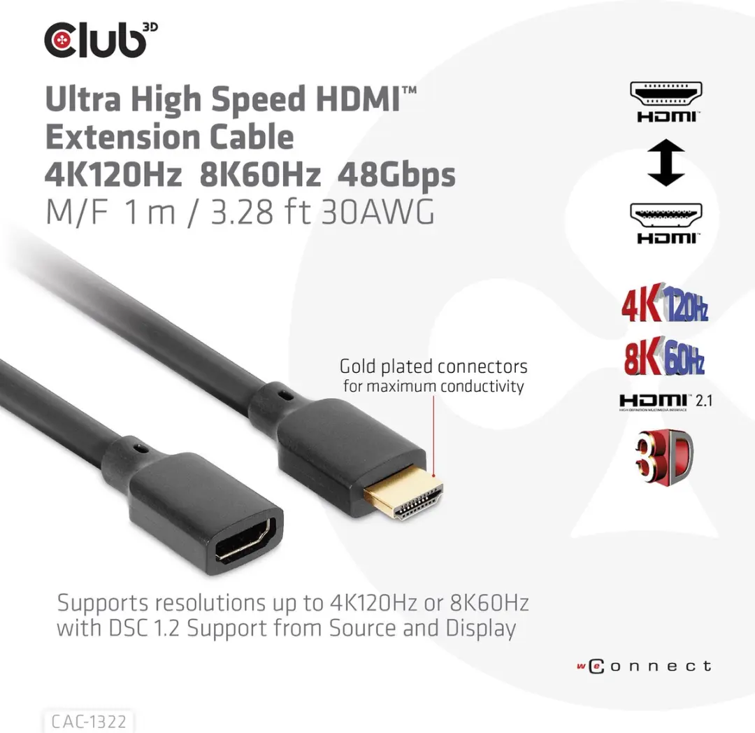 Club3D Ultra High Speed HDMI Kabel 4K120Hz 8K60Hz 48Gbps M/F 1m - Zwart