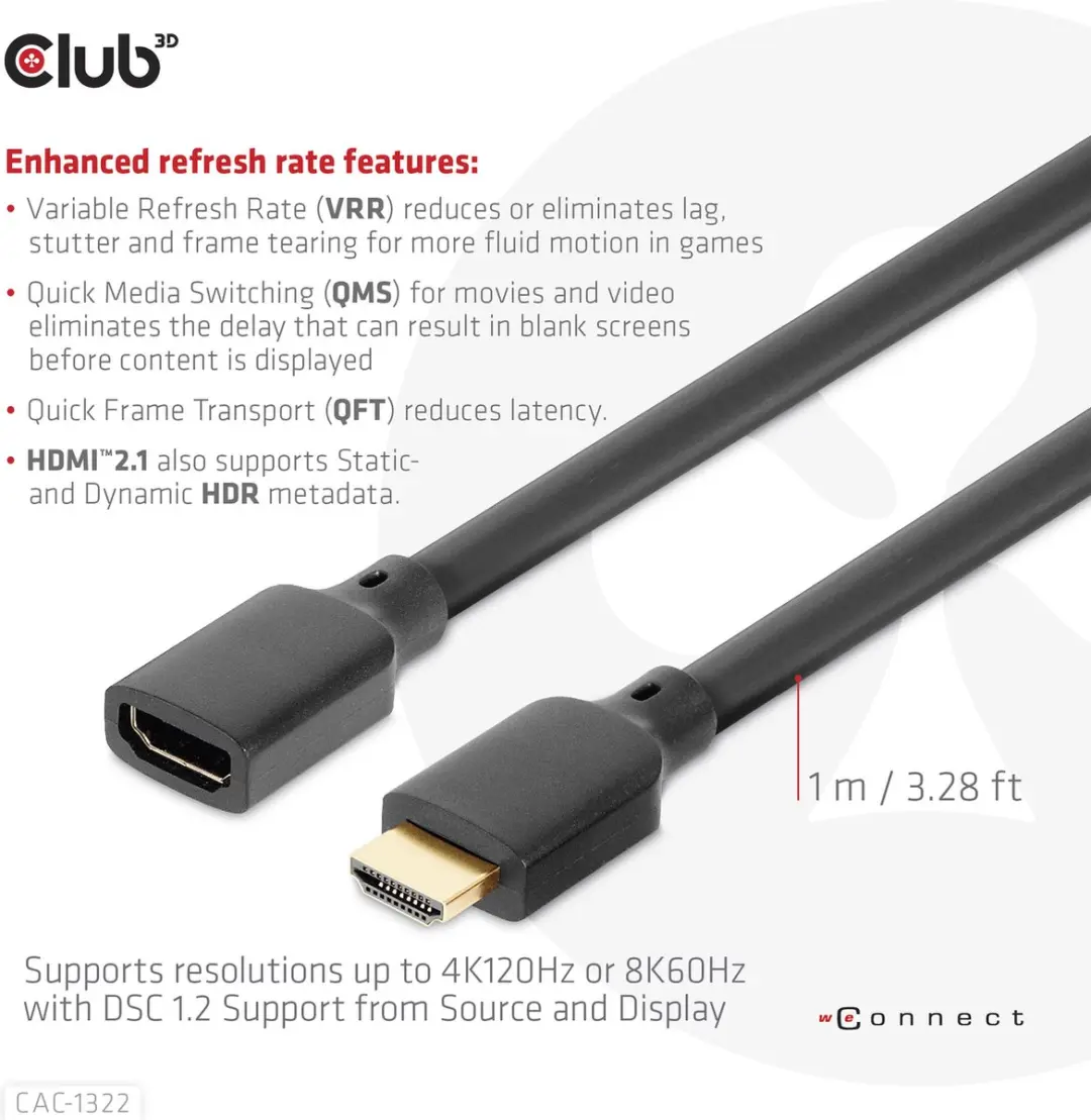 Club3D Ultra High Speed HDMI Kabel 4K120Hz 8K60Hz 48Gbps M/F 1m - Zwart