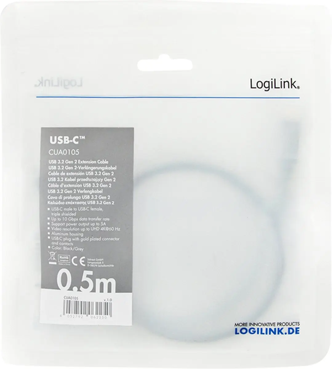 Logilink CUA0105 USB 3.2 Gen 2 Kabel 0,5m - USB-C Zwart/Grijs