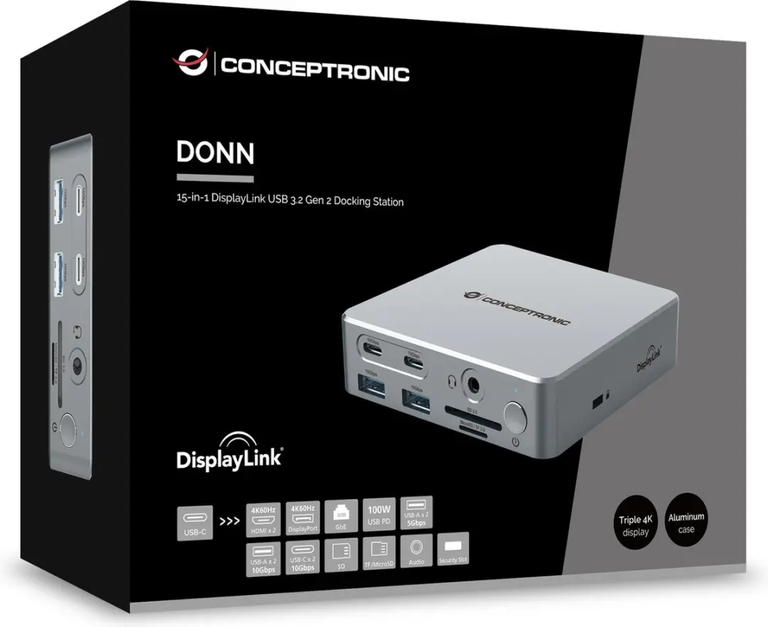 Conceptronic DONN25G Laptopdock - USB 3.2 Gen 2 - Zilver