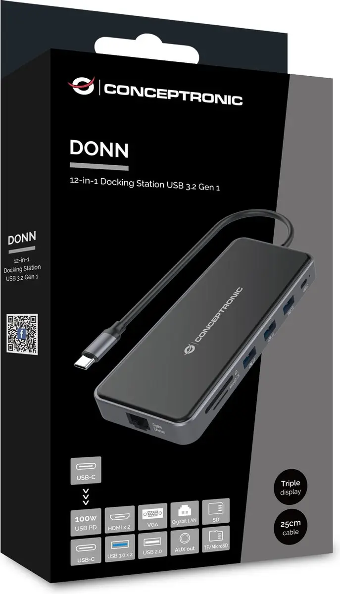 Conceptronic DONN15G USB Hub - 3x USB 2.0/3.0 Grijs
