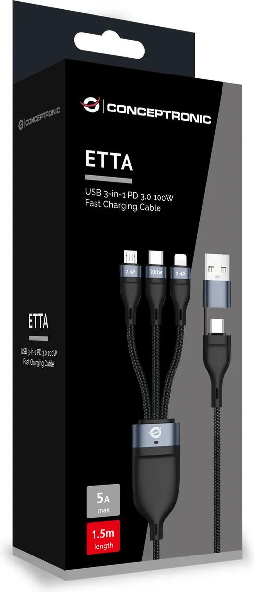 Conceptronic ETTA06B15 USB-kabel 1,5m - USB-C/USB-C/Micro-USB/Lightning - Zwart