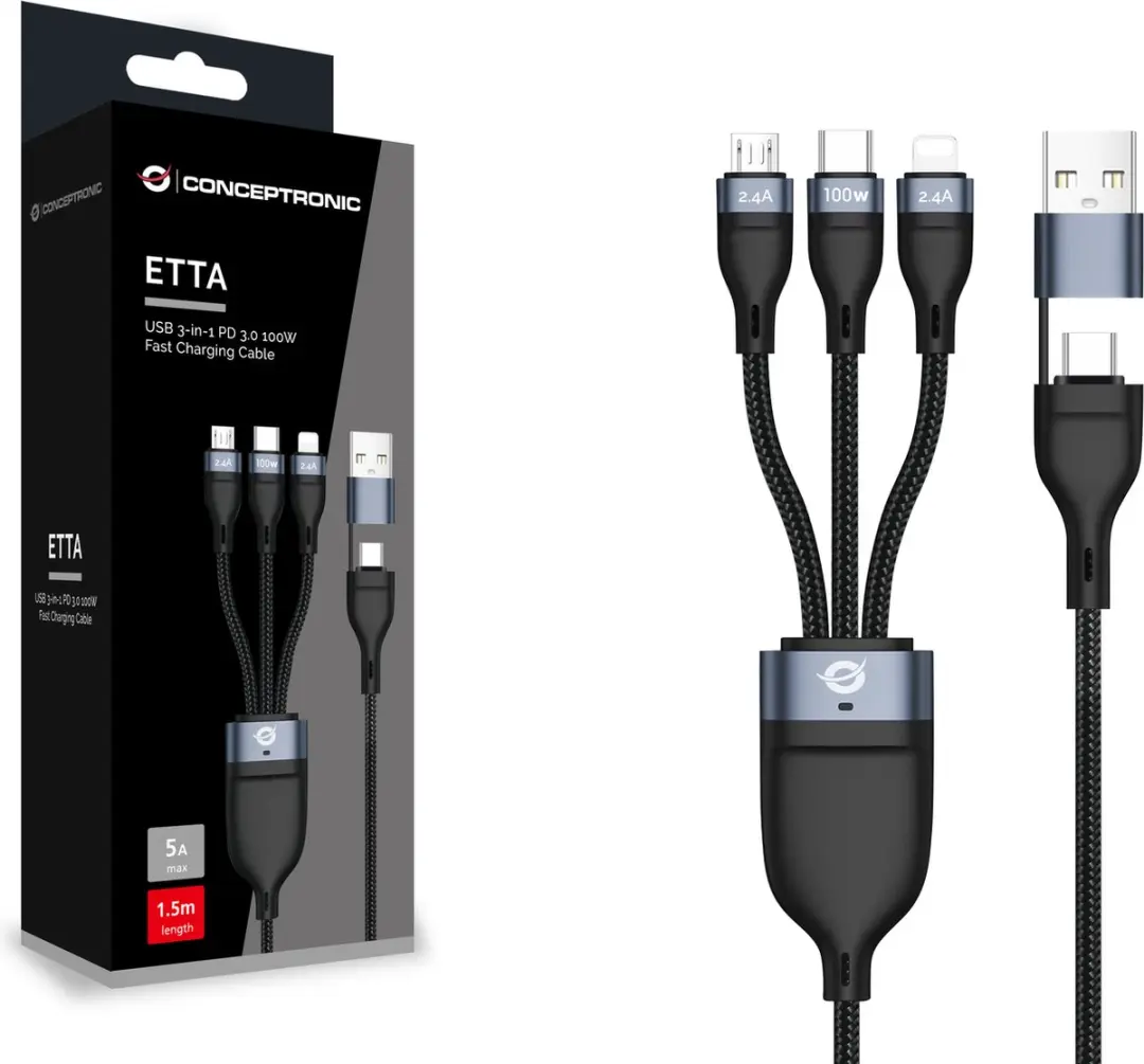 Conceptronic ETTA06B15 USB-kabel 1,5m - USB-C/USB-C/Micro-USB/Lightning - Zwart