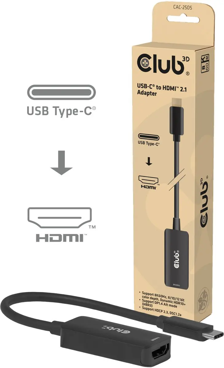 Club 3D CAC-2505 USB-C naar HDMI 2.1-adapter 8K60Hz