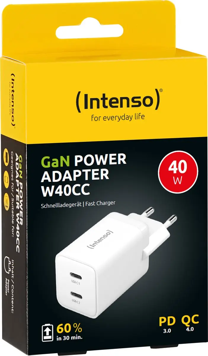 Intenso W40CC 40W USB-C GaN Adapter - 2x USB-C - Wit