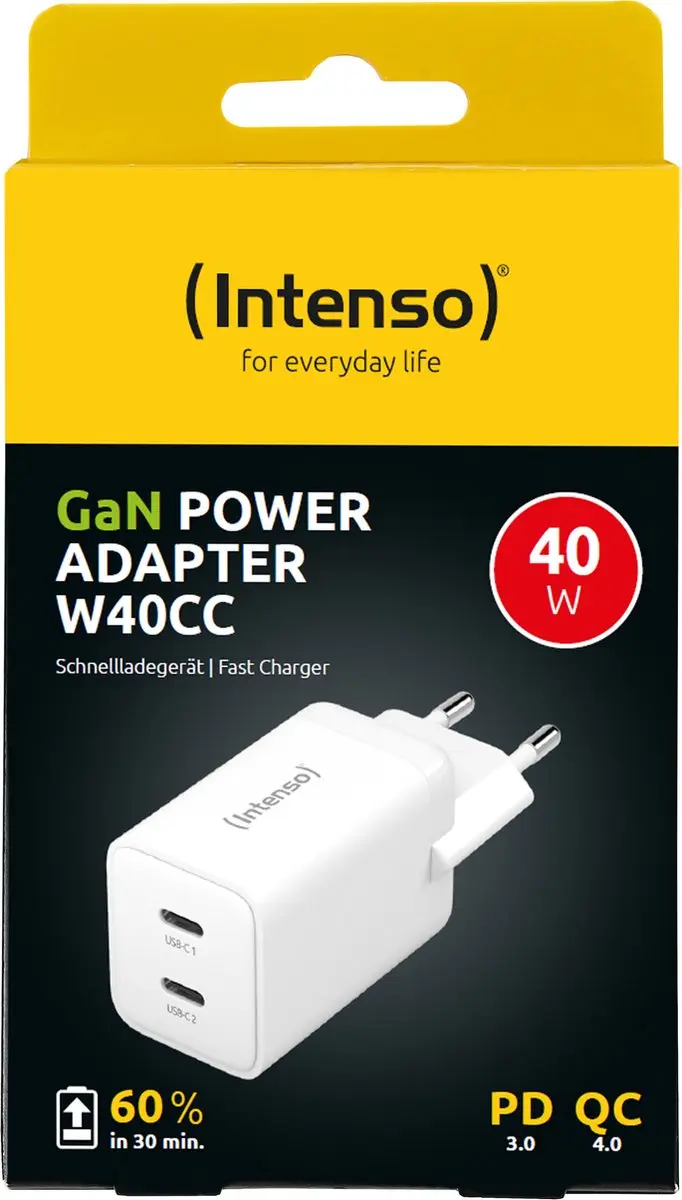Intenso W40CC 40W USB-C GaN Adapter - 2x USB-C - Wit