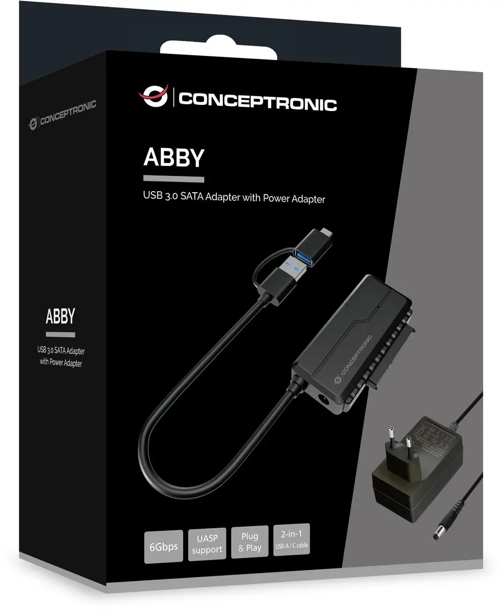 Conceptronic ABBY21B USB Type-A naar SATA 22-pin Kabel - Zwart