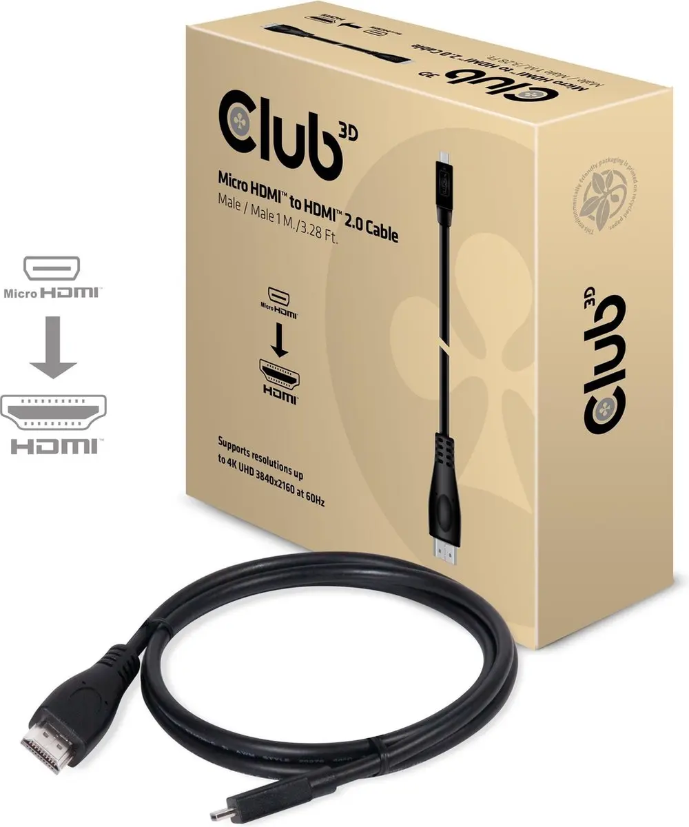 Club3D CAC-1351 Micro HDMI naar HDMI Kabel 4K60Hz 1m