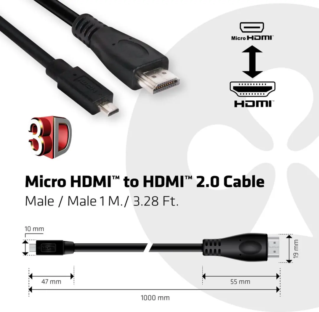 Club3D CAC-1351 Micro HDMI naar HDMI Kabel 4K60Hz 1m - Zwart