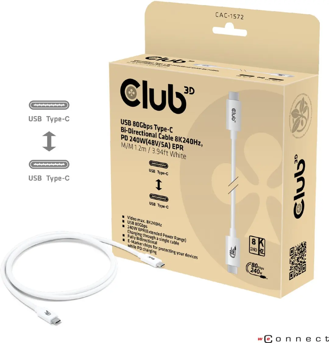 Club3D CAC-1572 USB-C Kabel 80Gbps 8K240Hz 240W - Wit