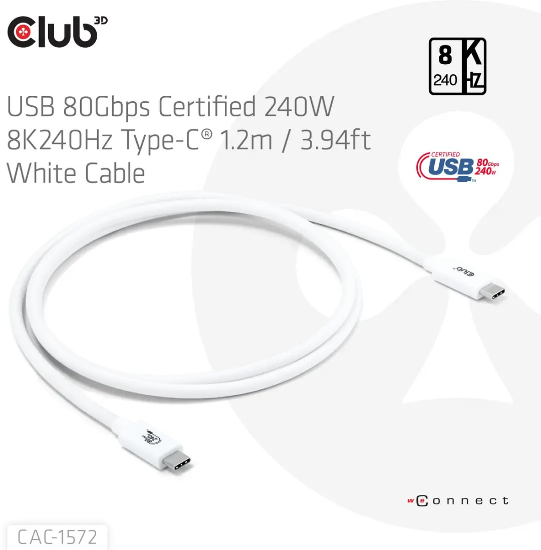 Club3D CAC-1572 USB-C Kabel 80Gbps 8K240Hz 240W - Wit