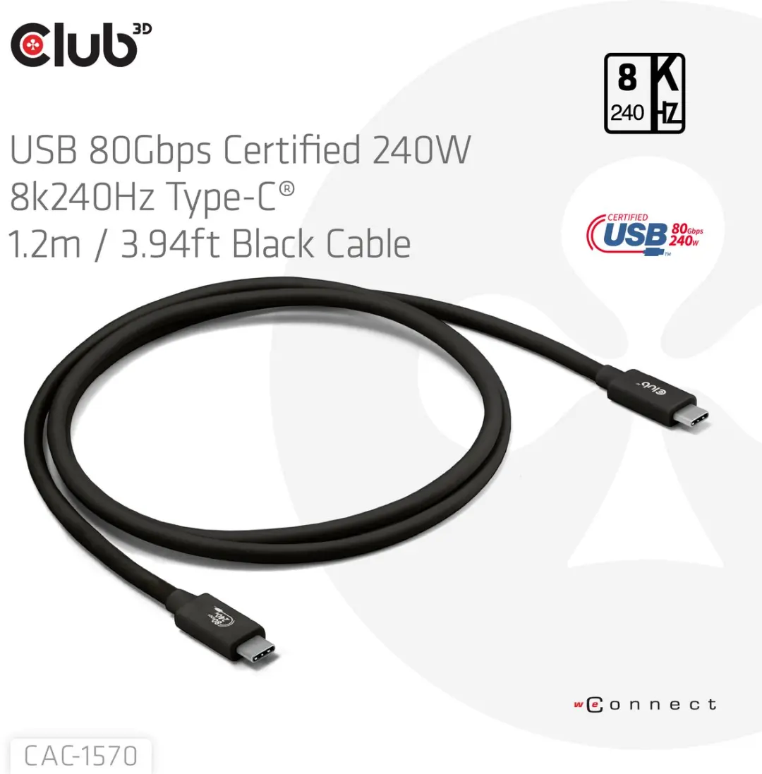 Club3D CAC-1570 USB-C Kabel 80Gbps 8K240Hz 240W - 1.2m - Zwart
