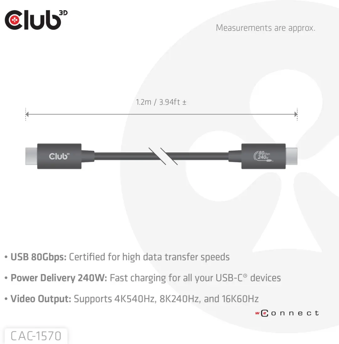 Club3D CAC-1570 USB-C Kabel 80Gbps 8K240Hz 240W - 1.2m - Zwart