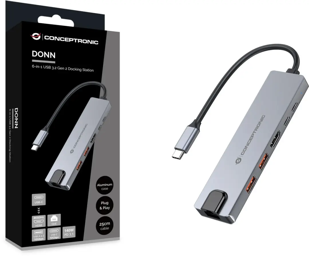 Conceptronic DONN29G Laptop Dock - USB 3.2 Gen 2 - Grijs