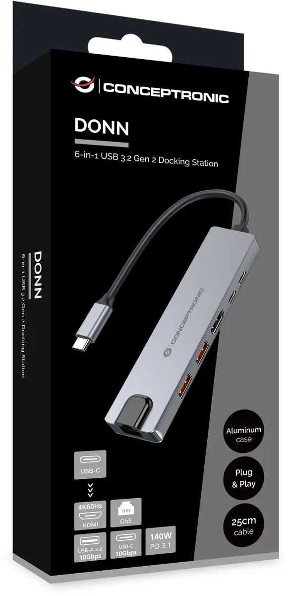Conceptronic DONN29G Laptop Dock - USB 3.2 Gen 2 - Grijs