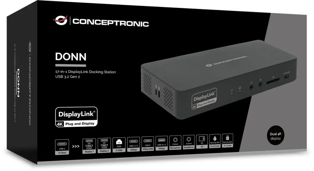 Conceptronic DONN31B Laptopdock - USB 3.2 Gen 2 - Type-C - Zwart