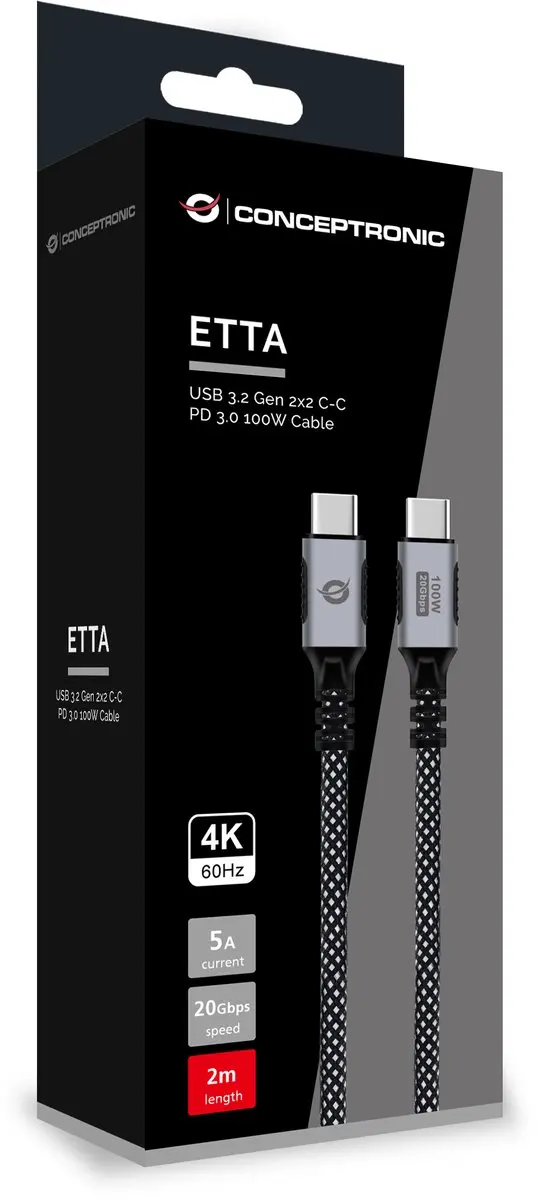 Conceptronic ETTA07B20 USB 3.2 Gen 2x2 Kabel 2m - USB-C - Zwart