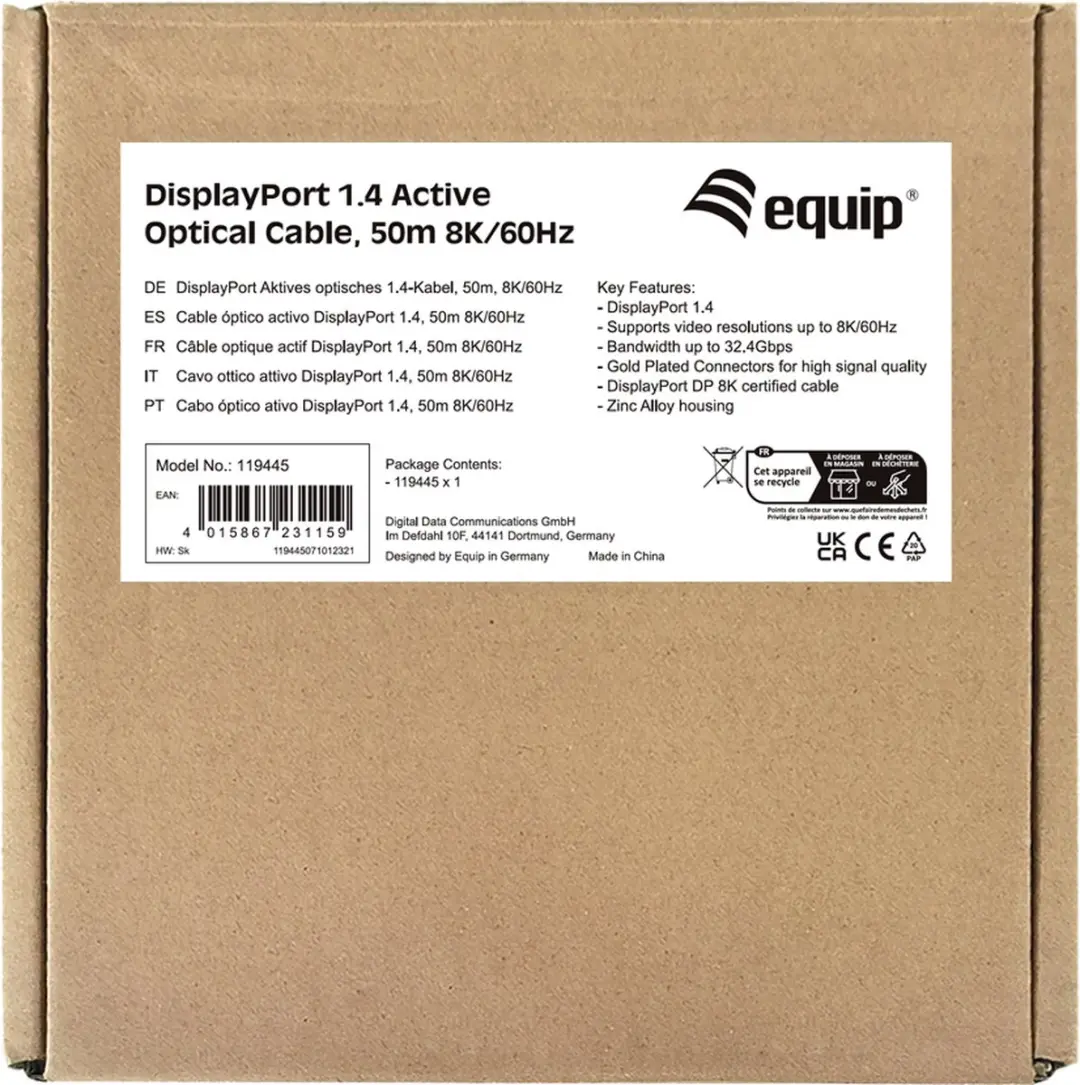 Equip DisplayPort 1.4 Kabel 50m - 8K/60Hz - Zwart