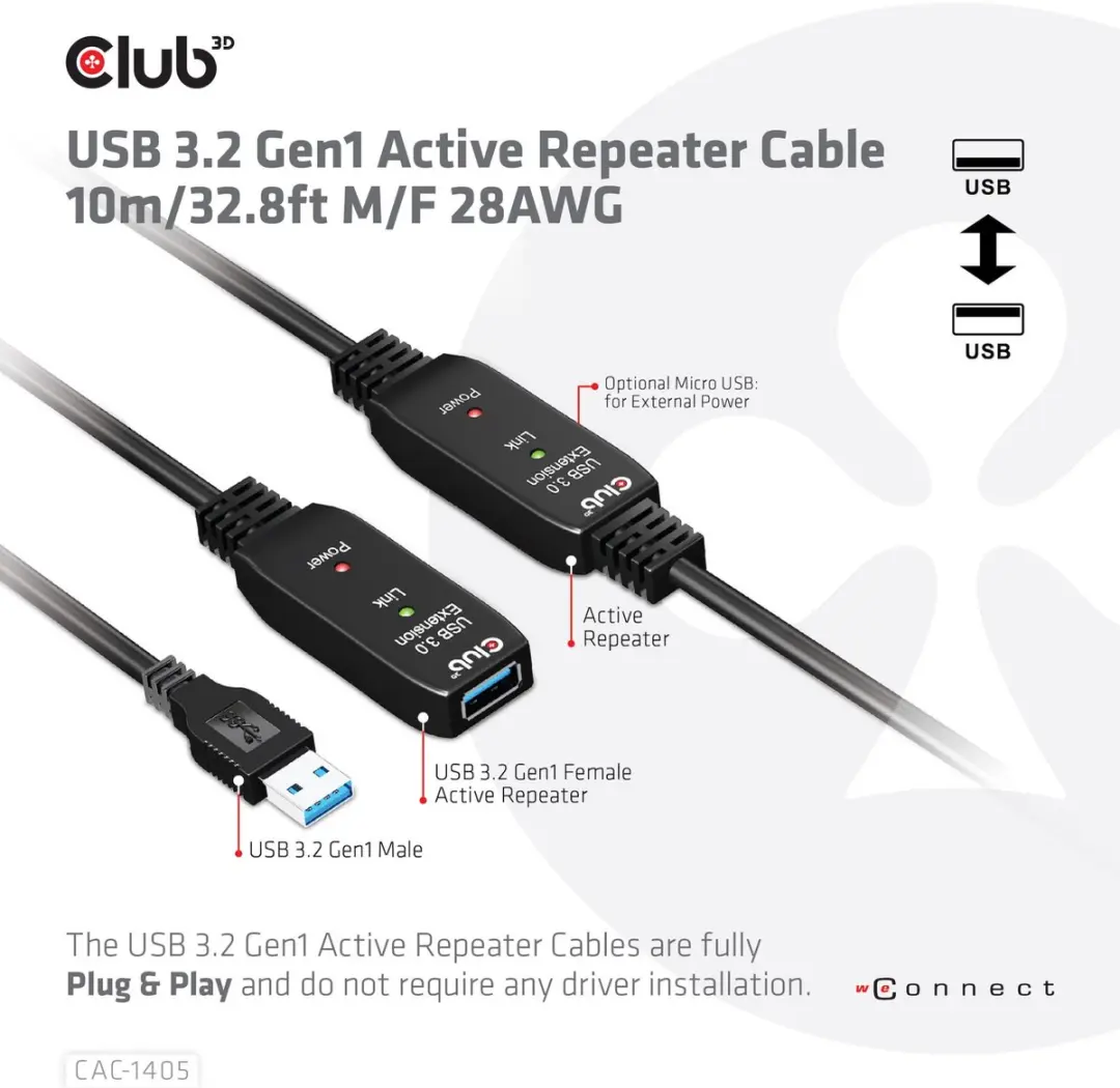Club3D USB-A 5Gbps Versterkerkabel 10m M/F - Zwart