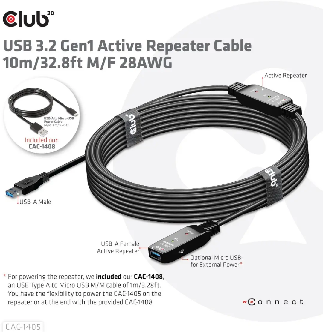 Club3D USB-A 5Gbps Versterkerkabel 10m M/F - Zwart