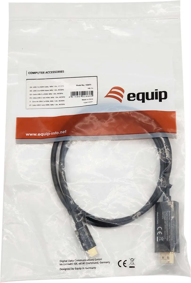 Equip 133411 USB-C naar HDMI-kabel 1m - 4K/30Hz - Zwart