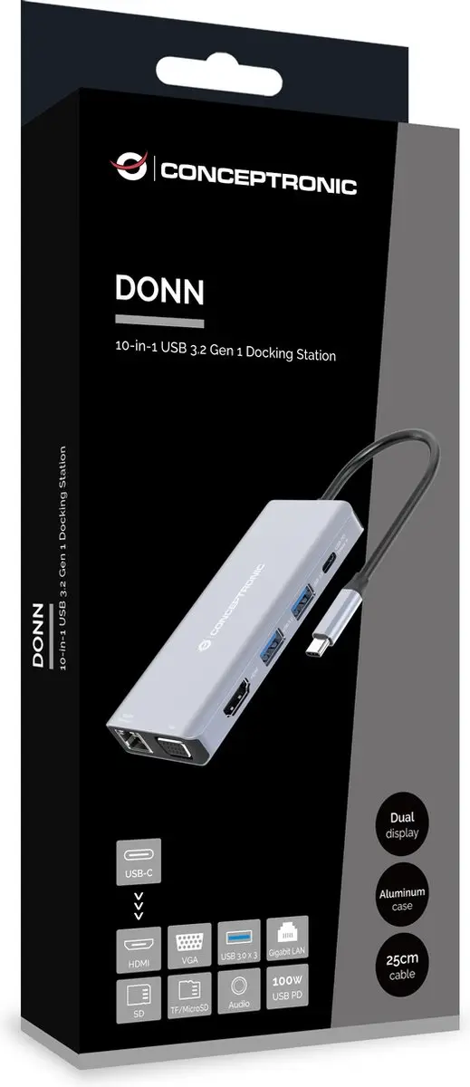 Conceptronic DONN20G USB 3.2 Dockingstation - Grijs