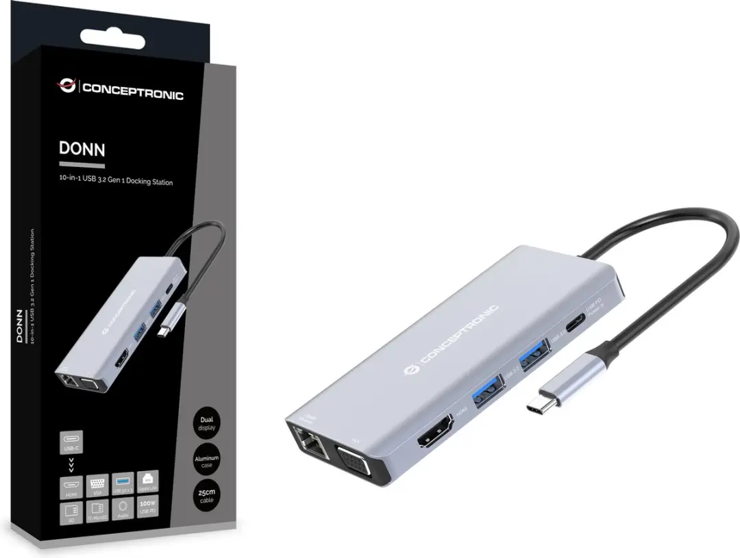 Conceptronic DONN20G USB 3.2 Dockingstation - Grijs