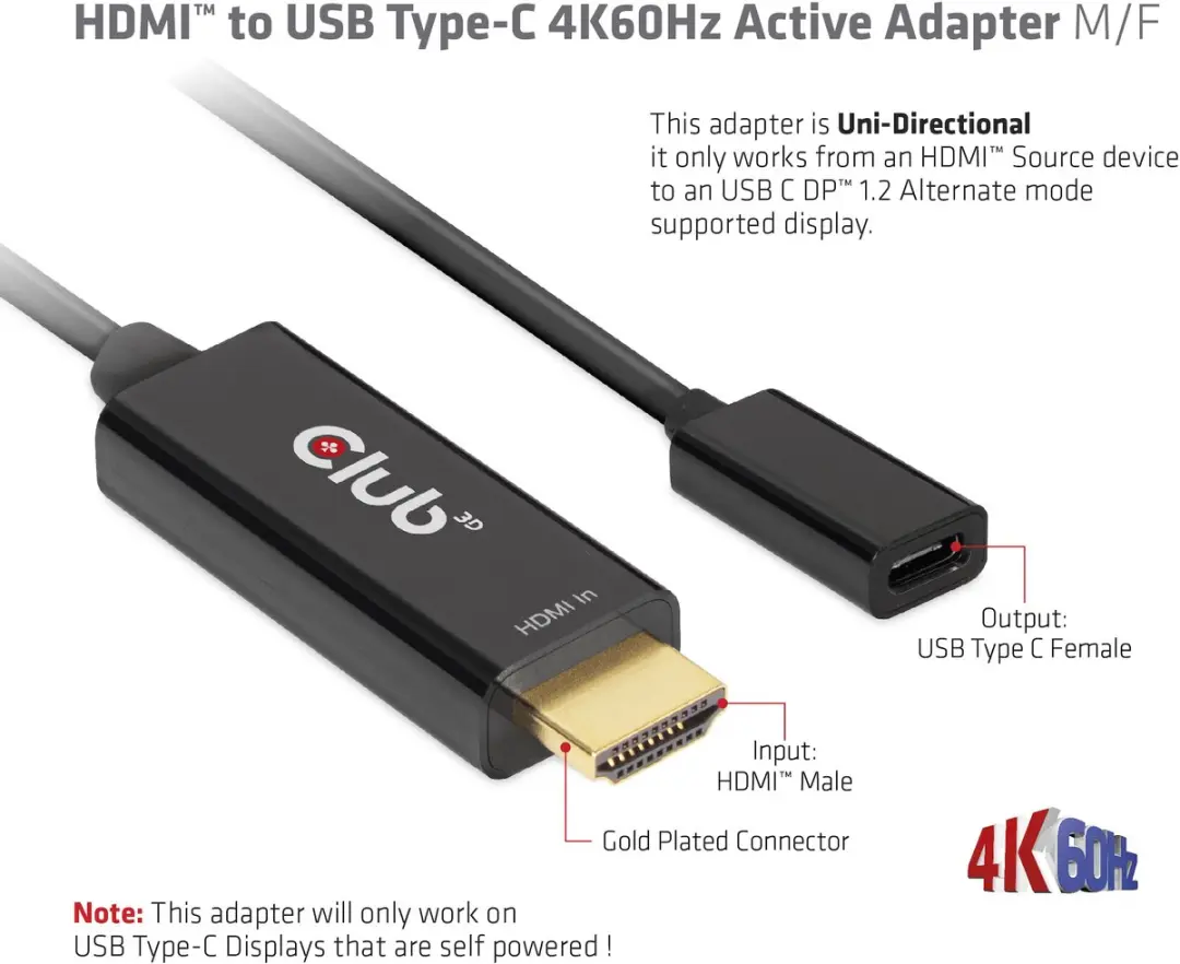 Club 3D HDMI naar USB-C 4K60Hz Adapter - Zwart