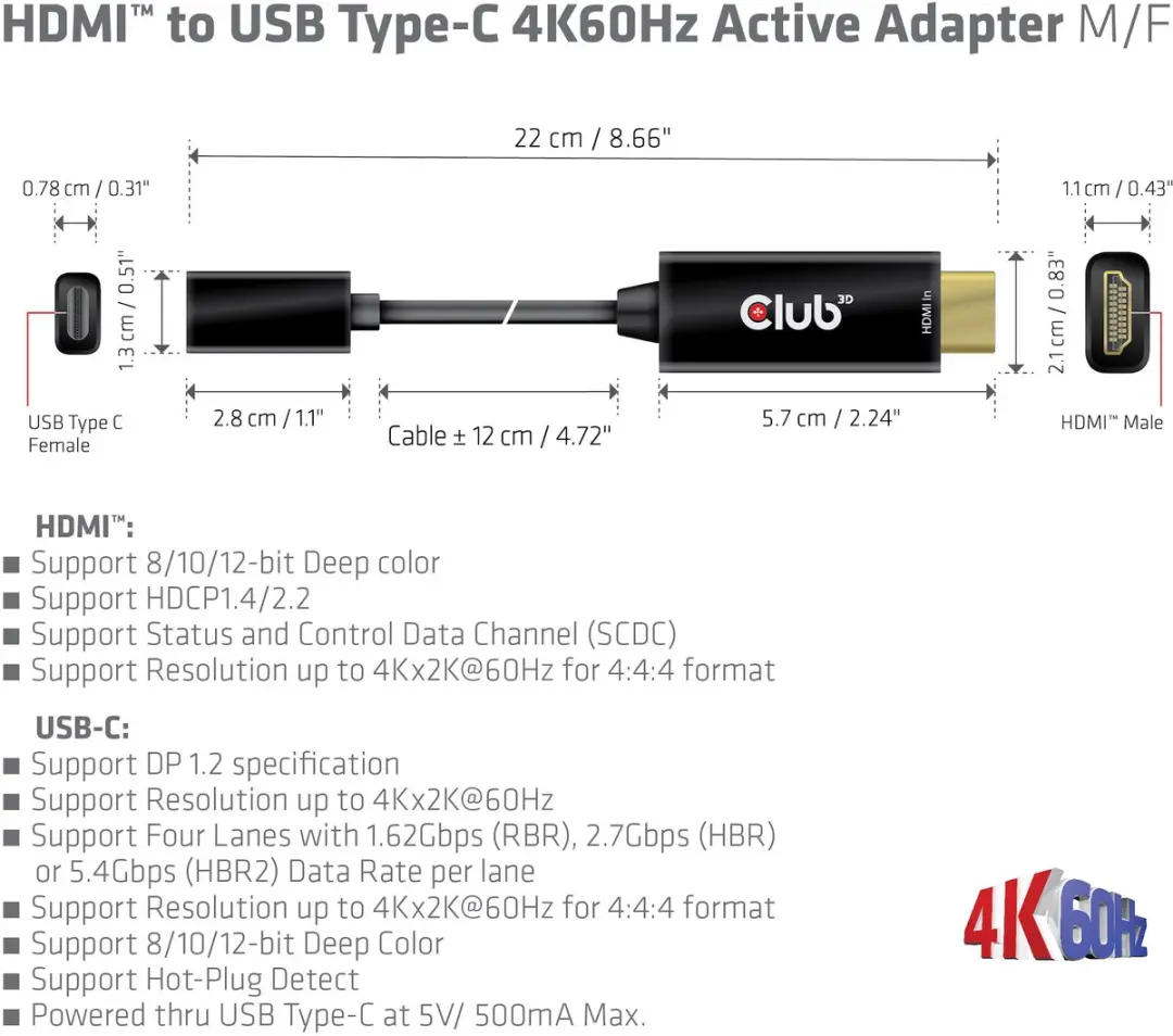 Club 3D HDMI naar USB-C 4K60Hz Adapter - Zwart