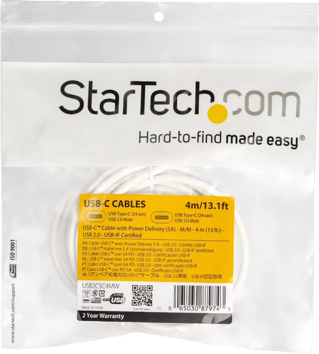 Startech USB2C5C4MW USB-C Kabel 4m - Wit - afbeelding 6 van 6