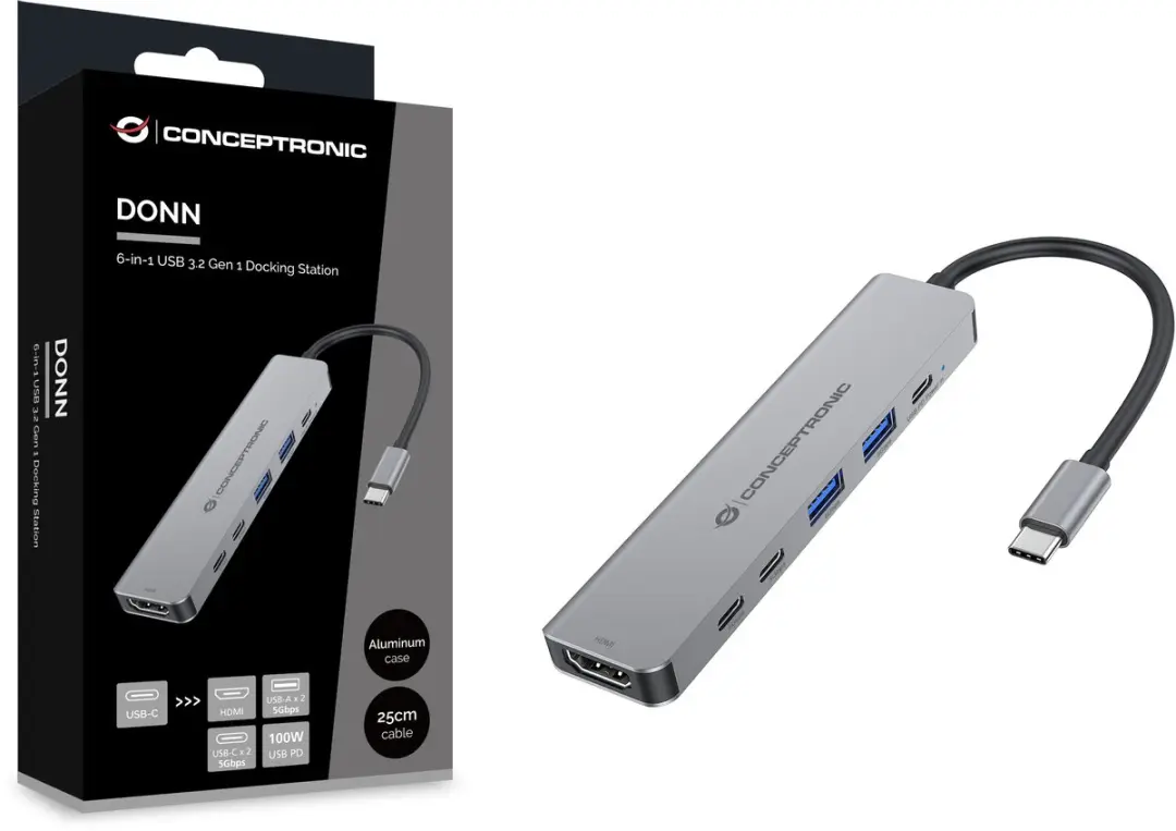 Conceptronic DONN33G Laptopdock - USB 3.2 Gen 1 - Type-C - Zilver