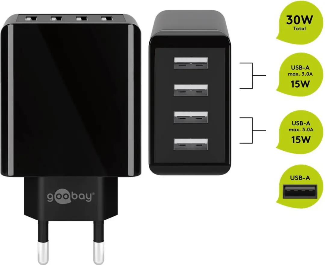 Goobay 44953 USB Thuislader 4 Poorten - 30W - Zwart