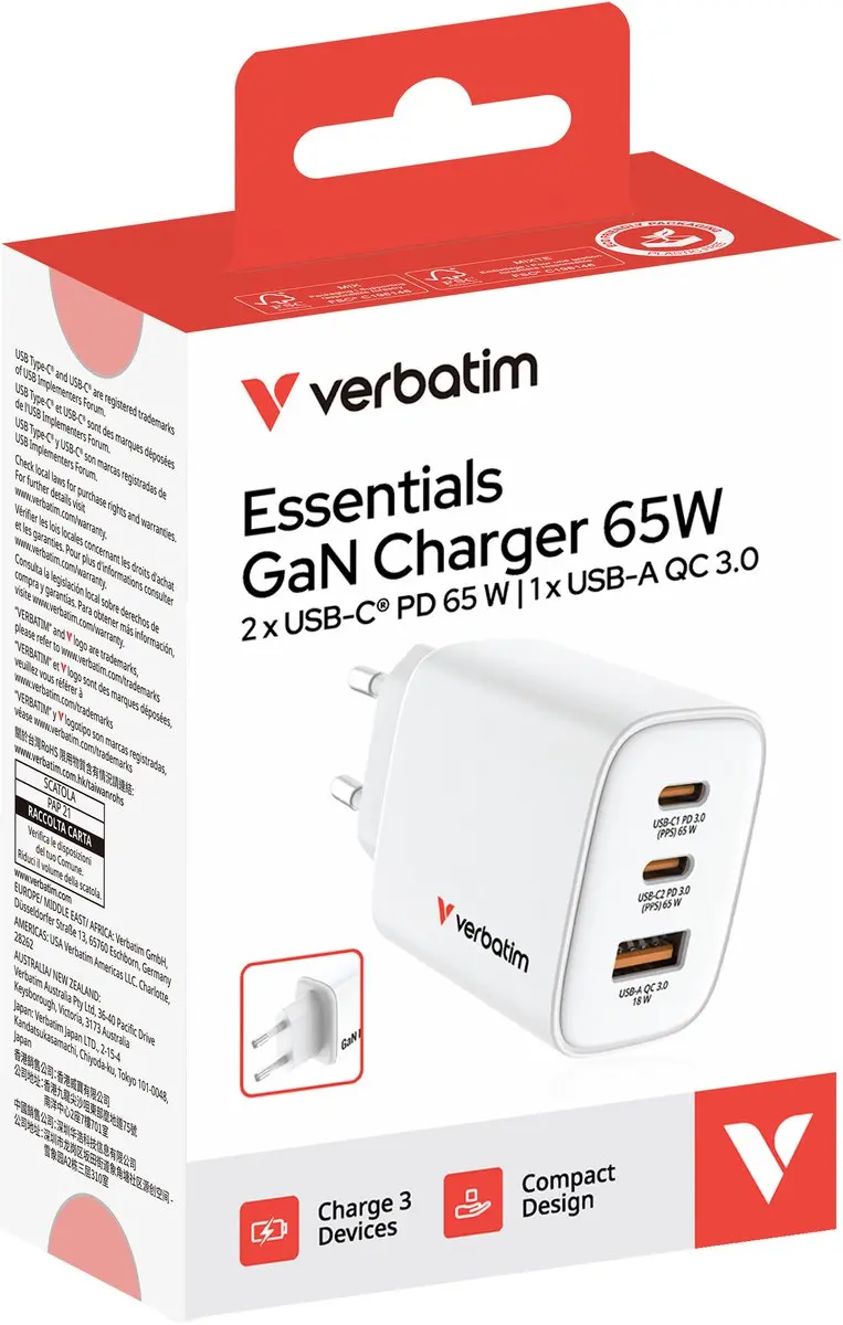 Verbatim Essentials GaN 65W Oplader 023942323532 - Wit