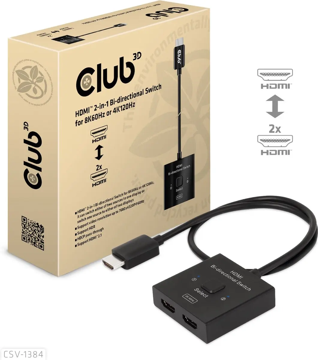 Club 3D CSV-1384 HDMI 2-in-1 Switch - 8K60Hz/4K120Hz - Zwart