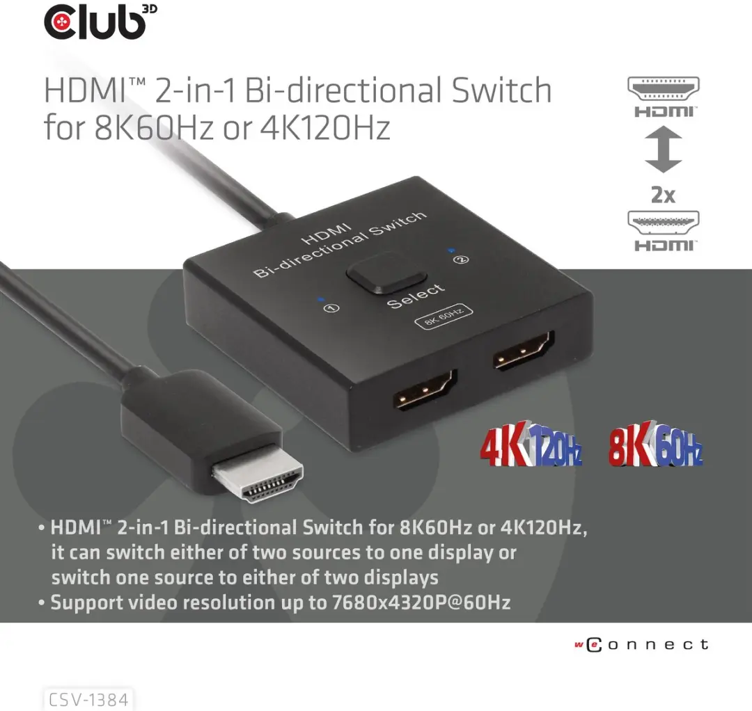Club 3D CSV-1384 HDMI 2-in-1 Switch - 8K60Hz/4K120Hz - Zwart