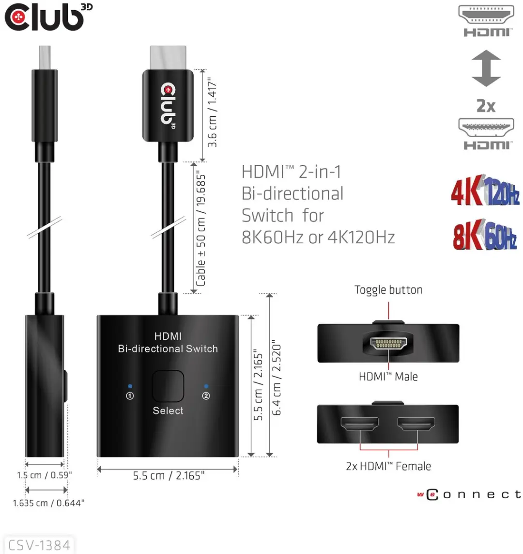 Club 3D CSV-1384 HDMI 2-in-1 Switch - 8K60Hz/4K120Hz - Zwart - afbeelding 6 van 6