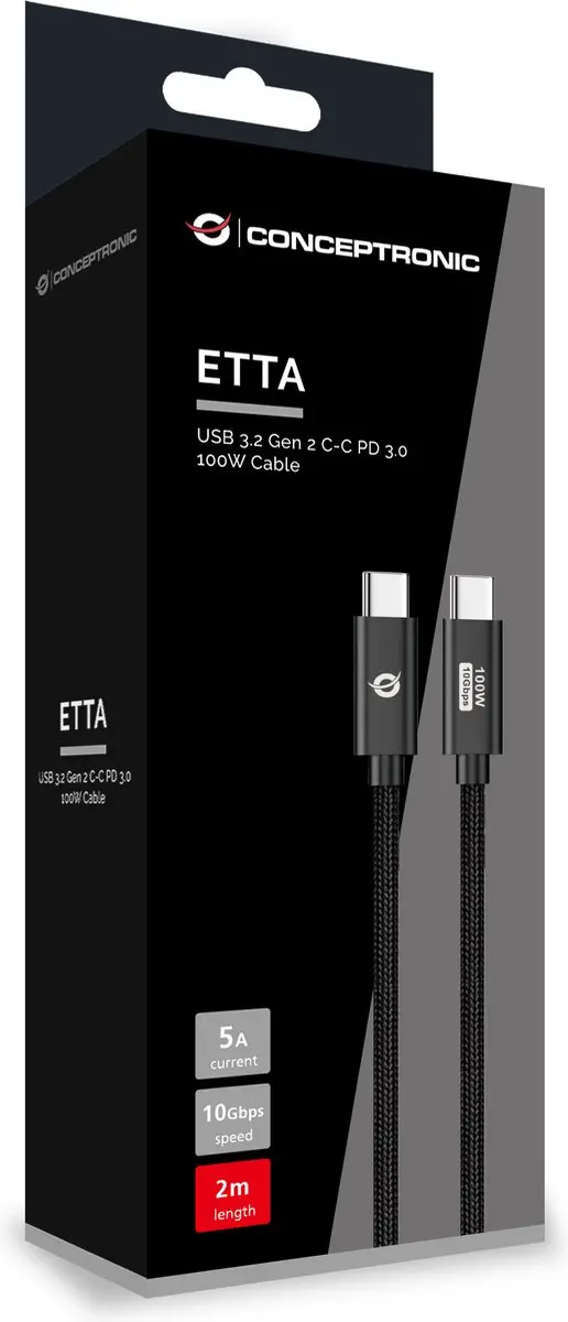 Conceptronic ETTA02B20 USB-C Kabel 2m - Zwart