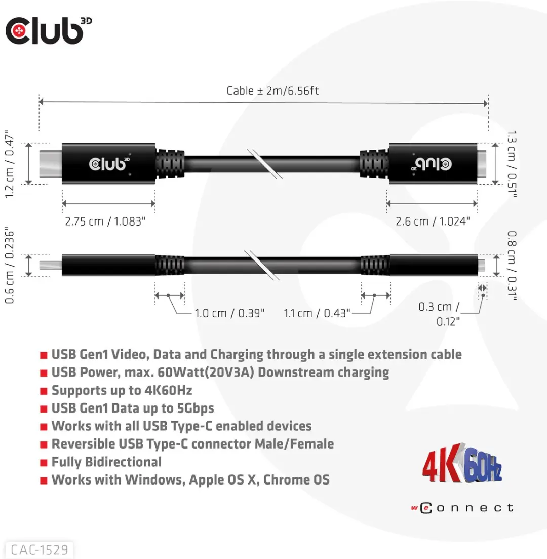Club 3D USB-C Verlengkabel CAC-1529 5Gbps 60W 4K60Hz - 2m Zwart